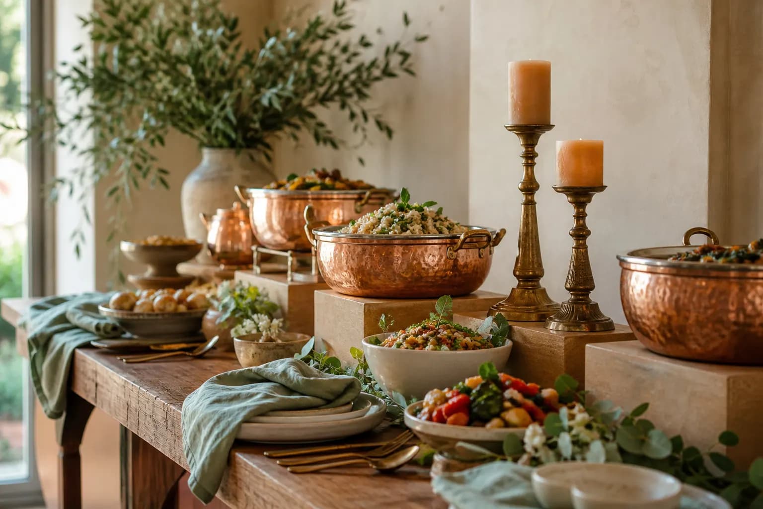 Catering display with copper vessels and sage linens